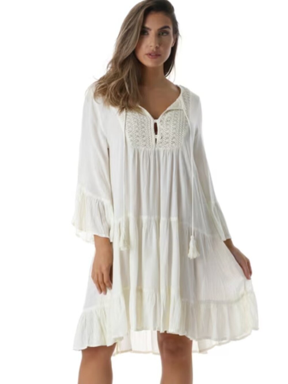 Riviera Sun Ivory Boho Embroidered Peasant Ruffle Tiered A-Line Dress 3X NWT